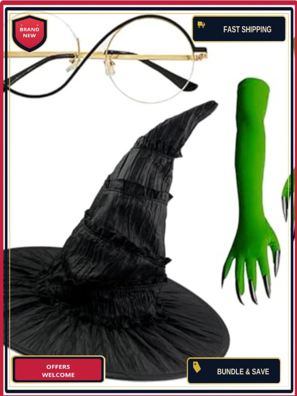 3 Piece Witch Costume Set Hat Green Claw Gloves Round Glasses Cosplay